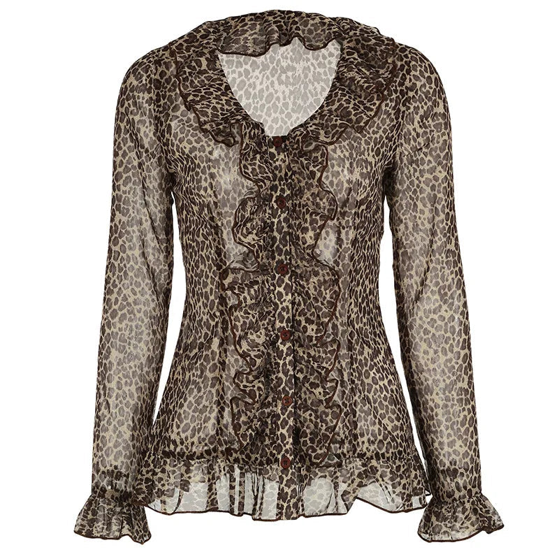 Aiertu  -  Y2k Aesthetic Women Sexy Blouse Leopard Sexy Single Breasted Slim Fit Grunge Shirt Harajuku Ruffled See Through Streetwear Blusa Aiertu