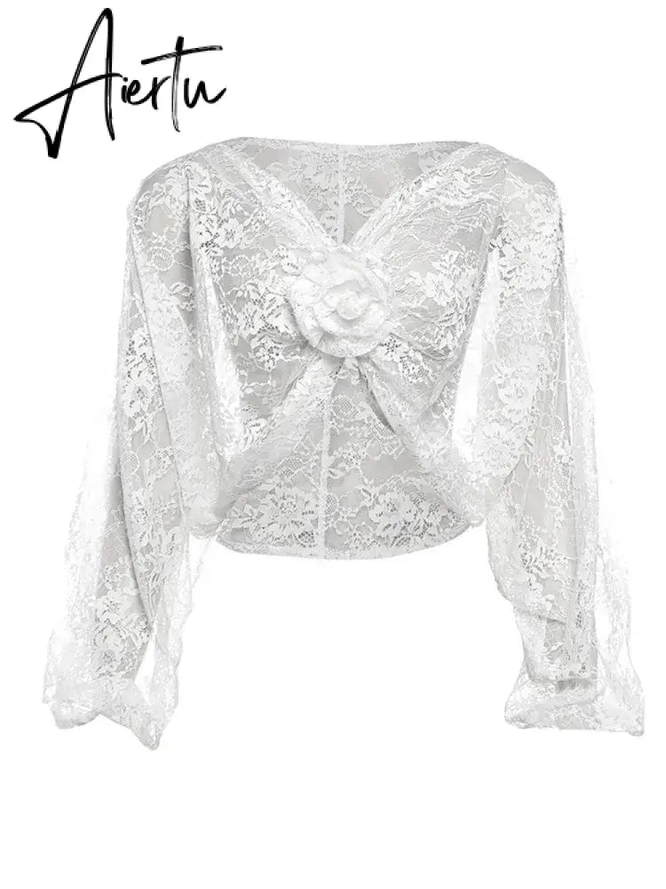 Deep V Neck Appliques Lace See Through Long Sleeve Top T-shirt Tee Femme Sexy White Loose Knot Ruched Crop Tops Aiertu