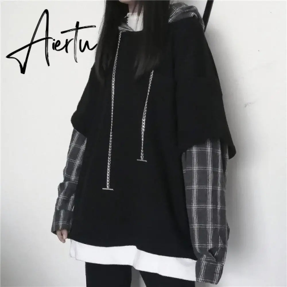 Deeptown Striped Sweatshirt for Women Black Gothic Style Hoodie Patchwork Grunge Long Sleeve Plaid Pullovers Korean Fashion Aiertu