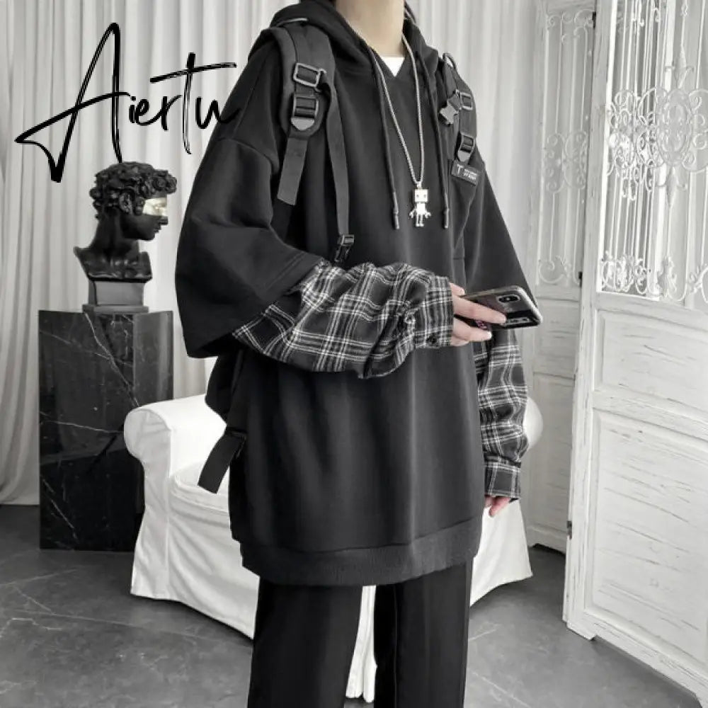 Deeptown Vintage Hoodie Women Streetwear Oversized Sweatshirt Punk Long Sleeve Pullovers Korean Grunge Plaid Splice Hoody Aiertu