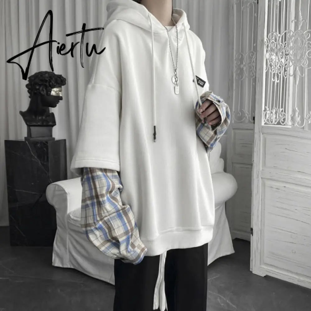 Deeptown Vintage Hoodie Women Streetwear Oversized Sweatshirt Punk Long Sleeve Pullovers Korean Grunge Plaid Splice Hoody Aiertu