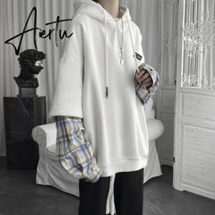 Deeptown Vintage Hoodie Women Streetwear Oversized Sweatshirt Punk Long Sleeve Pullovers Korean Grunge Plaid Splice Hoody Aiertu