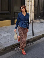 Aiertu  Women Fashion With Belt Denim Solid Double Breasted Jackets Vintage Lapel Neck Long Sleeves Female Chic Lady Outfits Aiertu