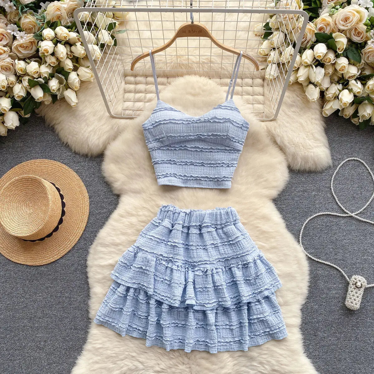 Aiertu  -  Suit V Neck Strap Crop Tops+Short Pleated Skirt Sweet Ruched Women Korean Style Chic Summer Beachwear Two Pieces Sets Suits Aiertu