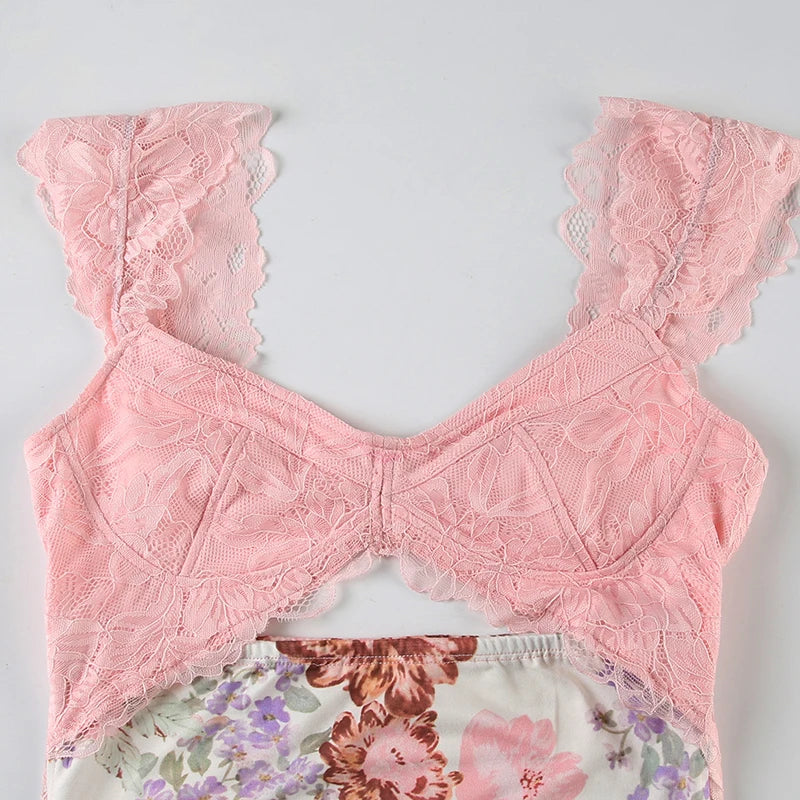 Aiertu  Flower Print Lace Trim Cut Out Camisole Dresses Sleeveless Spliced Skinny Side Split Sexy Elegant Frocks Aiertu
