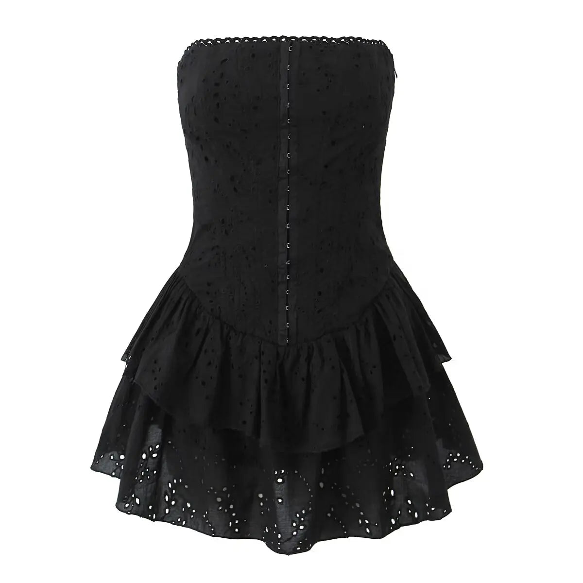 Aiertu  -  Sexy Women Black White Hollow Out Embroidery Strapless Dress Summer Cotton Fit And Flare Party Mini Robe Aiertu