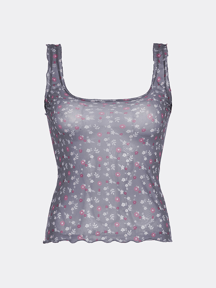 Aiertu - summer inspo Floral Print Frills Mesh Crop Top Women Sweet Summer Tank Vest Camisole Korean Fashion Aiertu
