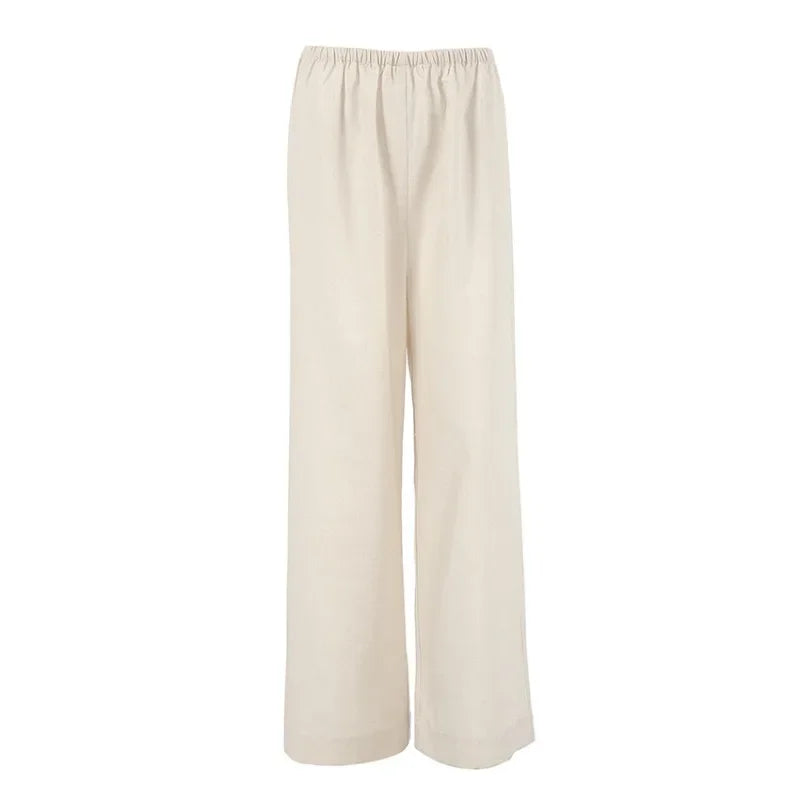 Aiertu  -  Cotton Linen Wide Leg Pants Women Fashion Elastic High Waist Pockets Casual Loose Trousers Streetwear Summer Vacation Bottoms Aiertu