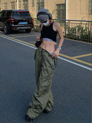 Aiertu  -  Green Women Cargo Pants Parachute Oversize Straight Leg Trousers Low Waist Sweatpants Casual Drawstring Side Pocket Alt Aiertu