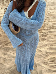 Aiertu  -  Elegant Blue 3d Flower Hollow Out Knitted Long Dress Women V Neck Flare Sleeves Slim Maxi Dresses 2026 Lady High Street Vestidos Aiertu