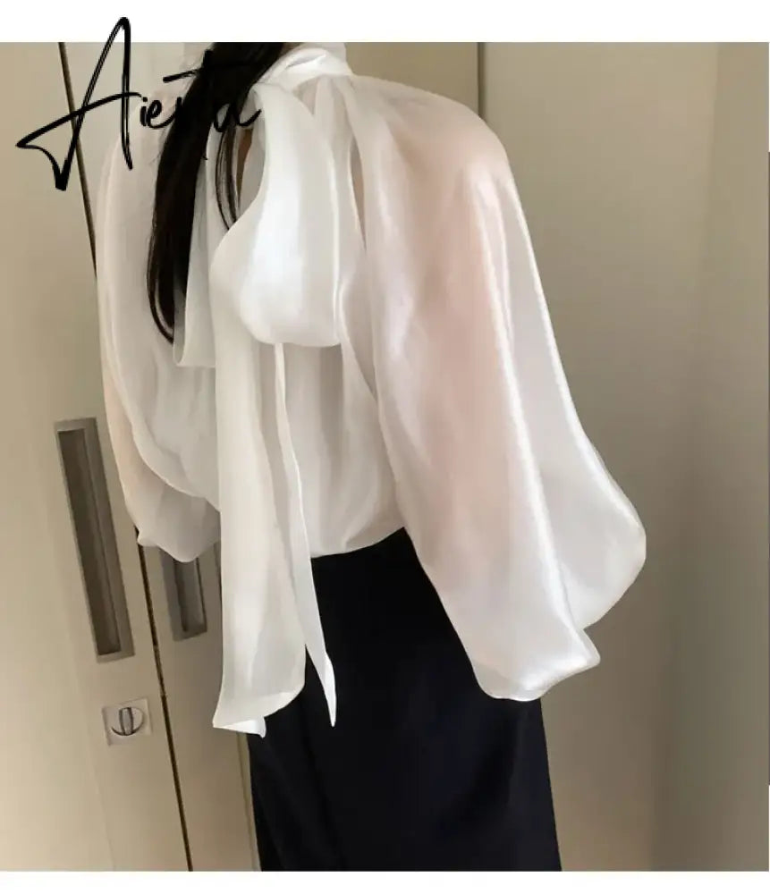 Designer Fashion Long Lantern Sleeve Women Blouses Bowknot Silky Summer Spring France Chic Shirts Blusas Aiertu