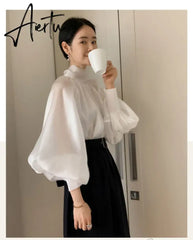 Designer Fashion Long Lantern Sleeve Women Blouses Bowknot Silky Summer Spring France Chic Shirts Blusas Aiertu