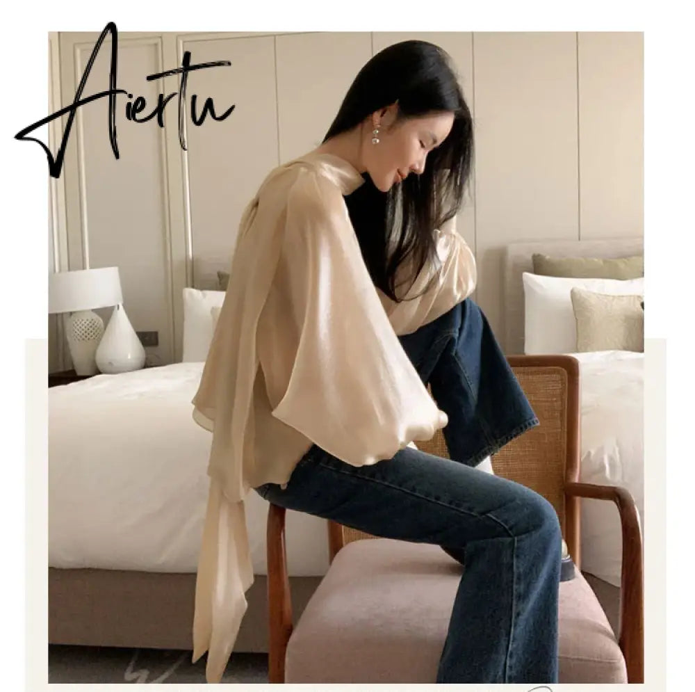 Designer Fashion Long Lantern Sleeve Women Blouses Bowknot Silky Summer Spring France Chic Shirts Blusas Aiertu