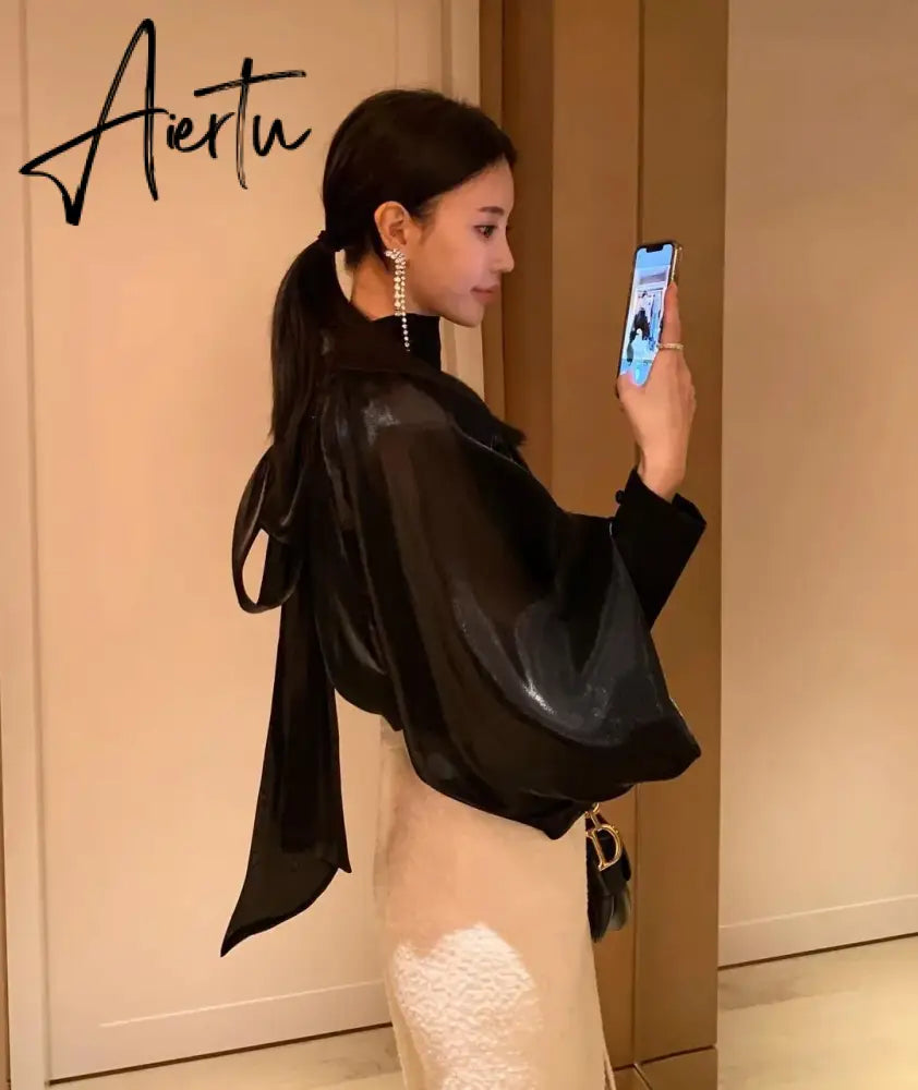 Designer Fashion Long Lantern Sleeve Women Blouses Bowknot Silky Summer Spring France Chic Shirts Blusas Aiertu