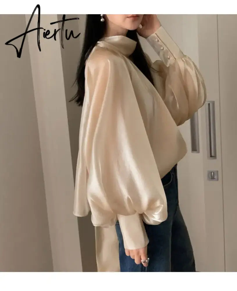 Designer Fashion Long Lantern Sleeve Women Blouses Bowknot Silky Summer Spring France Chic Shirts Blusas Aiertu