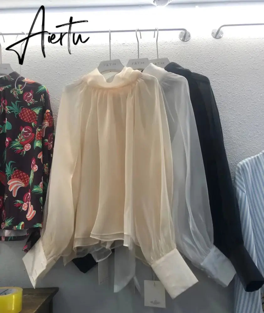 Designer Fashion Long Lantern Sleeve Women Blouses Bowknot Silky Summer Spring France Chic Shirts Blusas Aiertu