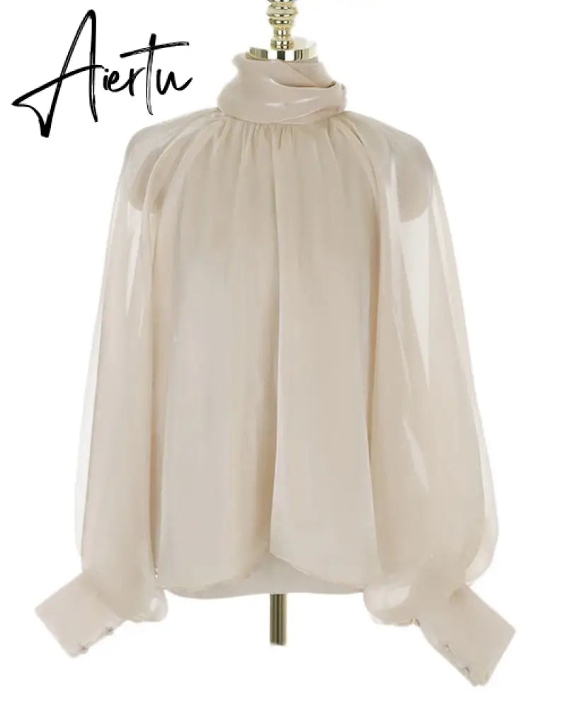 Designer Fashion Long Lantern Sleeve Women Blouses Bowknot Silky Summer Spring France Chic Shirts Blusas Aiertu
