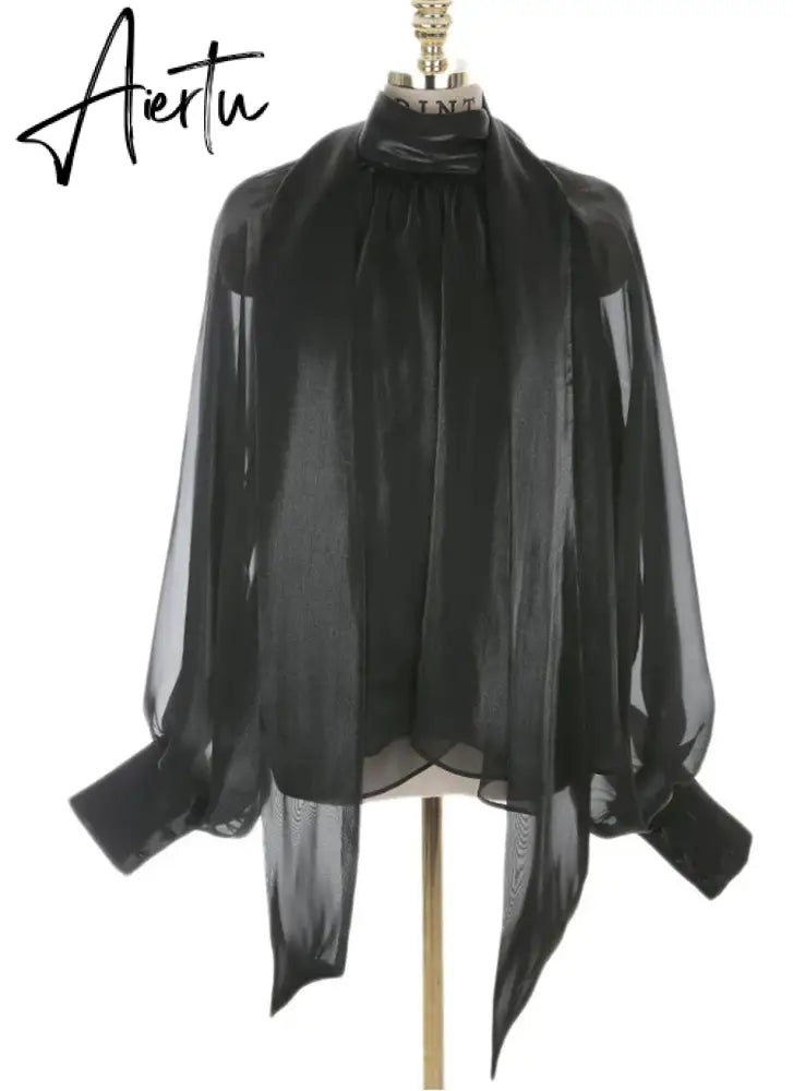 Designer Fashion Long Lantern Sleeve Women Blouses Bowknot Silky Summer Spring France Chic Shirts Blusas Aiertu