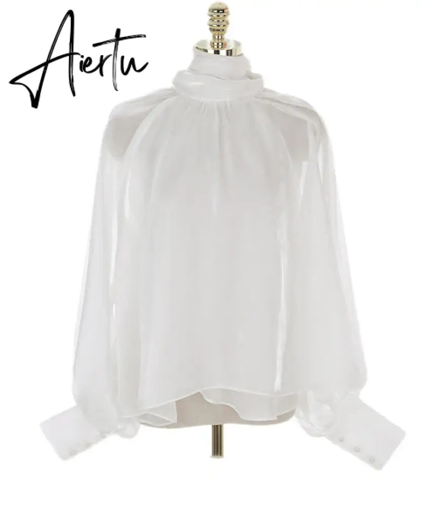 Designer Fashion Long Lantern Sleeve Women Blouses Bowknot Silky Summer Spring France Chic Shirts Blusas Aiertu