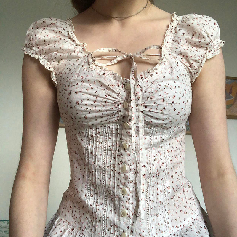 Aiertu  -  -Aiertu  -  -  Floral Print Ruched A-line Blouse French Style Single-breasted Short Sleeve Top Chic Slimming Tie-up Collar Shirts Cute Aiertu