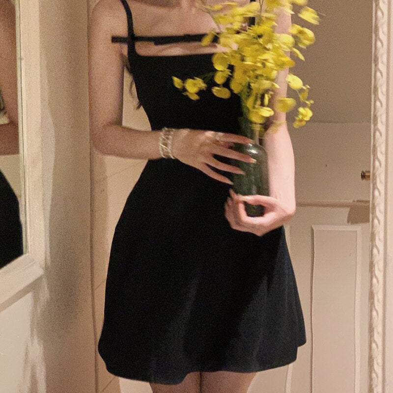 Aiertu  French Elegant Black Midi Dress Women Casual Evening Party Strap Dress Female Pure Color White One Piece Dress Korea Summer Aiertu