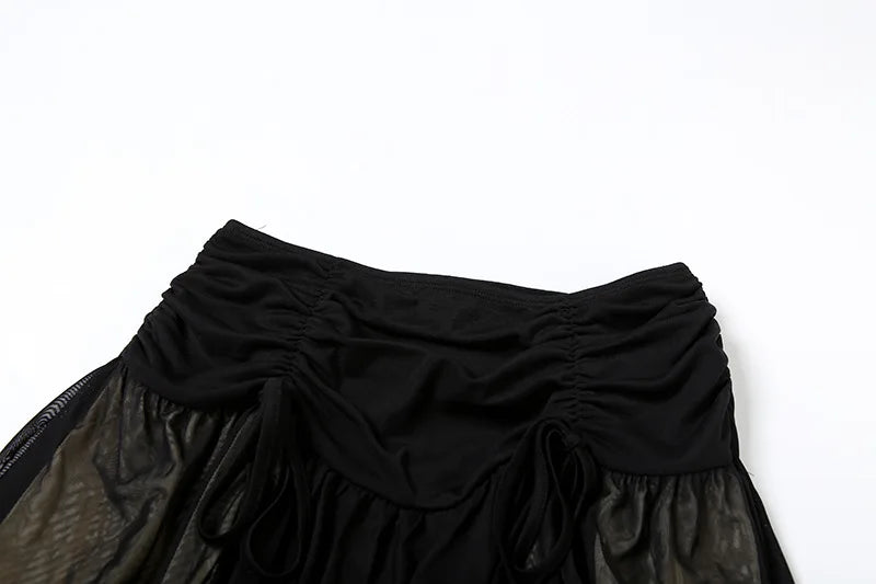 Aiertu  -  Summer 2 Piece Set for Woman Sexy Outfits Black Mesh Sheer Corset Top and Drawstring Pleated Mini Skirt Sets P94-EH32 Aiertu