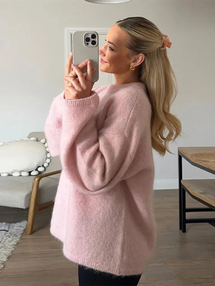 Aiertu  -  Pink Casual Loose O Neck Pullover Sweater For Women 2026 Autumn Elegant Long Sleeves Knitted Top Female New Chic Commute Jumpers Aiertu