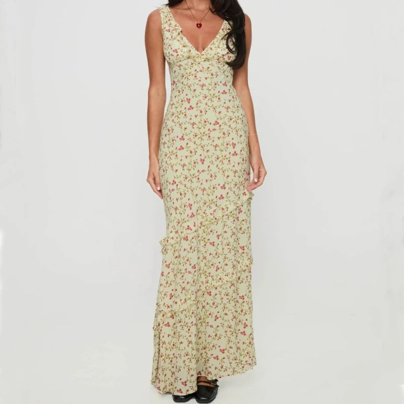Aiertu  Floral Print Sexy V Neck Ruffles Elegant Bodycon Maxi Dresses Spring Fashion Holiday Streetwear Party Women Vestidos Aiertu