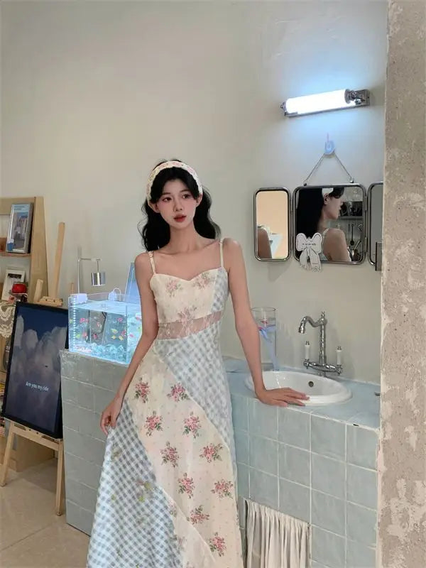 Aiertu  -  Summer Women Long Dress Sleeveless Patchwork Floral Gingham Spaghetti Strap Elegant Slim Maxi Dress Casual Vacation Beachwear Aiertu