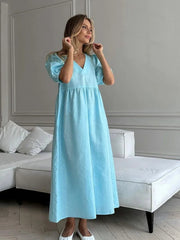 Aiertu  -  Casual Loose Women V-neck Short Sleeve High Waist Blue Long Dresses 2026 Female Elegant Solid Holiday Party Dress Streetwear Aiertu