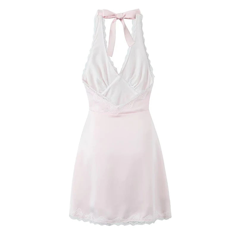 Aiertu  -  Sexy Backless Lace Patchwork Halter Dress For Women A-line Mini Holiday Summer Dresses French Style Polka Dot Short Robe Aiertu
