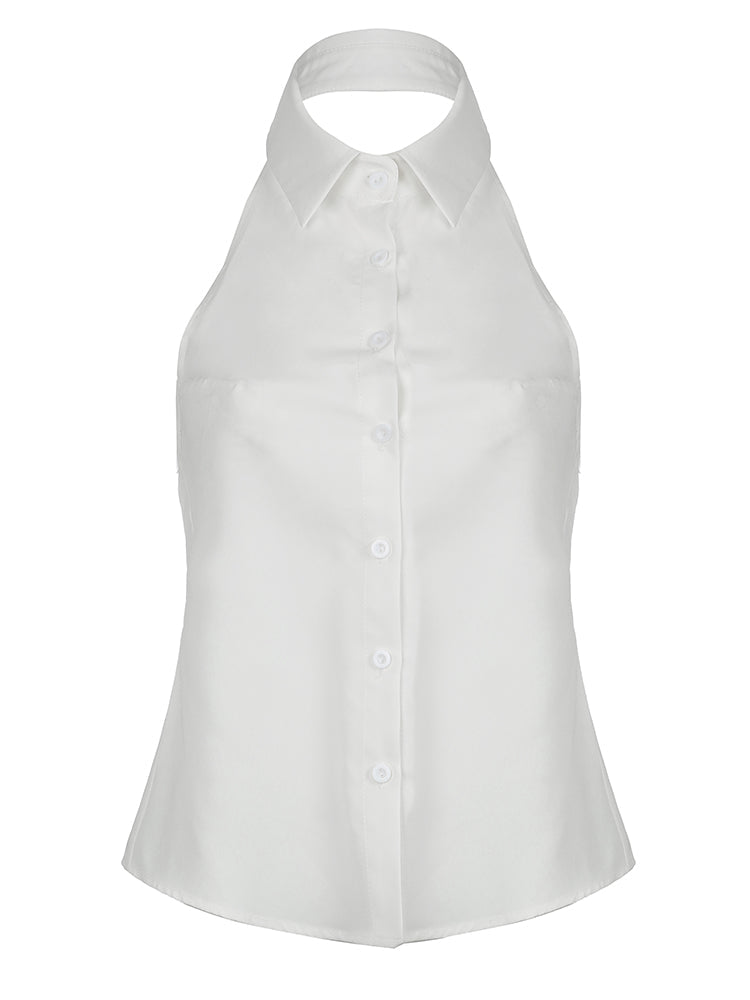 Aiertu - summer inspo Hot Sleeveless Backless Tie Bow Shirts For Women Single Breasted Turn Down V Neck Sexy Halter Tops Solid Summer Vacation Aiertu