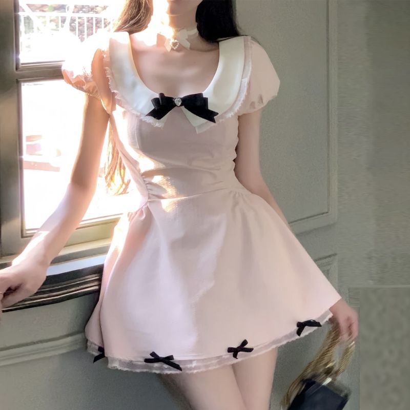 Aiertu  College Style Sweet and Cute Dress for Women with Summer Bow Puff Sleeves A-line Princess Skirt Aiertu