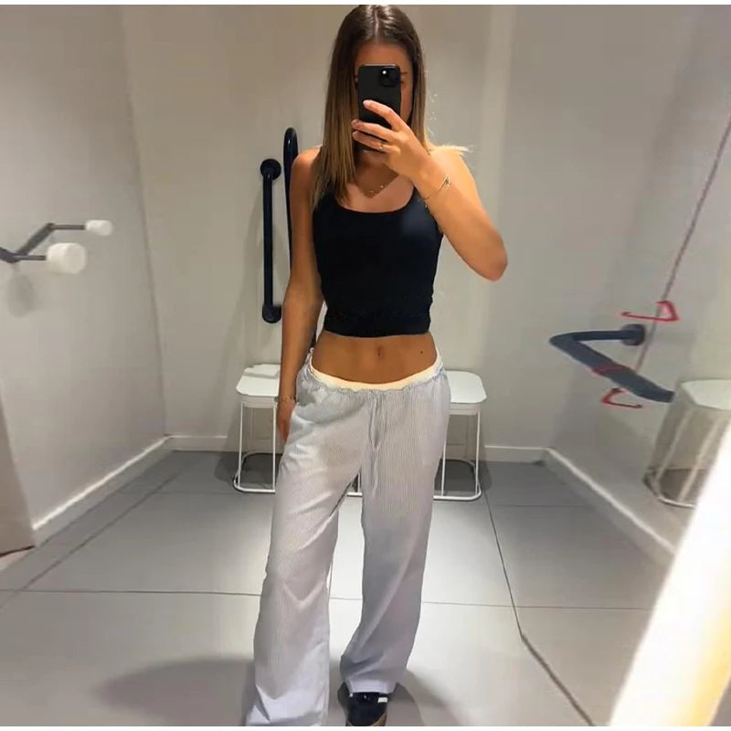 Aiertu  -  Casual Baggy Pants Women High Waist Wide Leg Straight Drawstring 2025 Summer Trouser Low Waist Striped Holiday Street Pants Aiertu