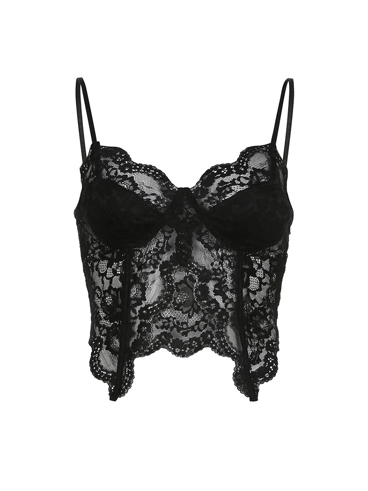 Aiertu - summer inspo Black See Through Sexy Asymmetrical Goth Lace Camisole Women Rave Baddie Outfits Crop Top Aiertu