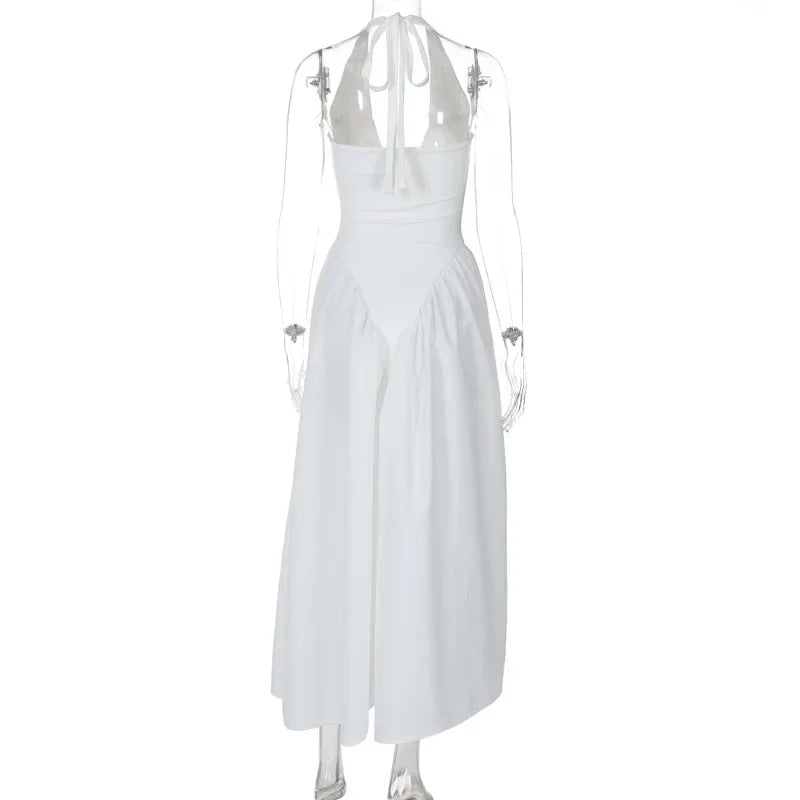 Aiertu  -  Sexy Deep V Hollow Halterneck Large Hem Dress For Women Solid High Waisted Backless Splice Summer New Vacation Long Dress Aiertu