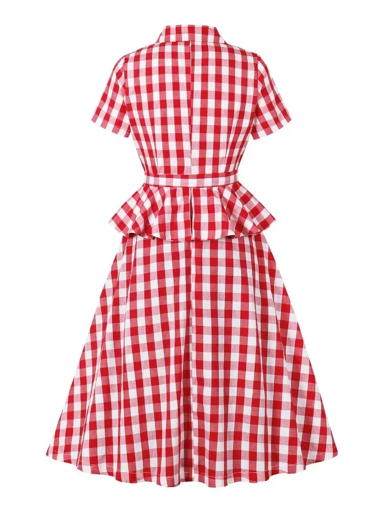 Aiertu  -  party look snspos 2025 New Vintage Elegant Red Gingham Cotton Midi Dresses for Women Notched Collar Buttons Belted 1950s Retro Plaid Peplum Dress Aiertu