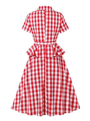 Aiertu  -  party look snspos 2025 New Vintage Elegant Red Gingham Cotton Midi Dresses for Women Notched Collar Buttons Belted 1950s Retro Plaid Peplum Dress Aiertu