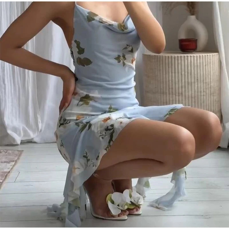 Aiertu  -  Sleeveless Flower Print Dress Woman 2025 Tulle Mini Dresses For Women Summer Backless Sexy Dress Elegant Party Dresses Aiertu