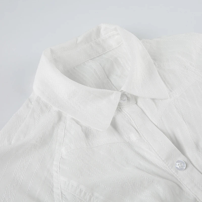 Aiertu  -  Fashion Chic Folds Summer Blouse Women Texture Stripe Buttons-Up Cardigan Shirt Korean French Tops Short Sleeve Basic Aiertu