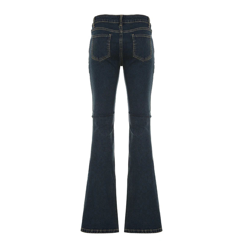Aiertu  -   Y2K Low Waist Flare Jeans Women Retro Stylish Distressed Slim Denim Trousers High Street Korean Harajuku Pants 2000s Aiertu