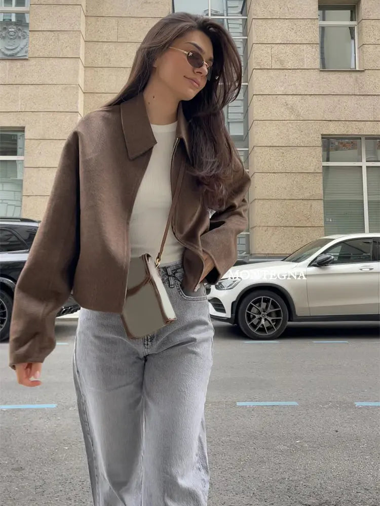 Aiertu  -  Fashion Brown Short Woolen Jacket For Women Elegant Lapel Long Sleeves Zipper Cropped Coats Autumn Chic Lady High Street Outwear Aiertu