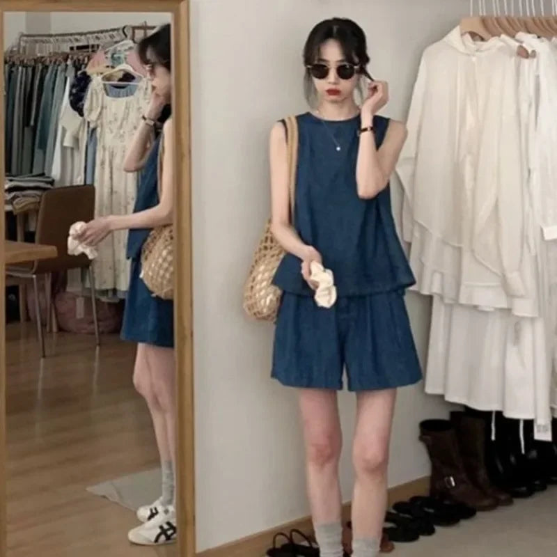 Aiertu  -  Sweet Hot Girl Denim Suit Women's Summer Casual O-neck Sleeveless Top High Waisted Shorts Two-piece Set Fashion Female Clothes Aiertu