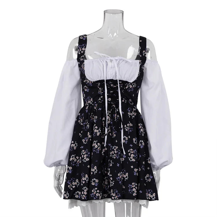 Aiertu  -  Puff Sleeve Suspender Dress Women Fake Two Pieces Flower Strapless Ruffles Splice Long Sleeve Lace Up Party Dress Summer Aiertu