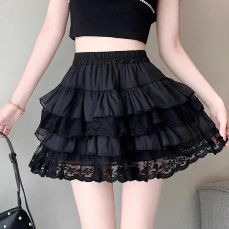 Aiertu Elastic Gothic Lace Tutu Skirt Women Black Mesh Detail Petticoat Sexy Mini Tulle Skirts Party Club Wear Dancer Aiertu