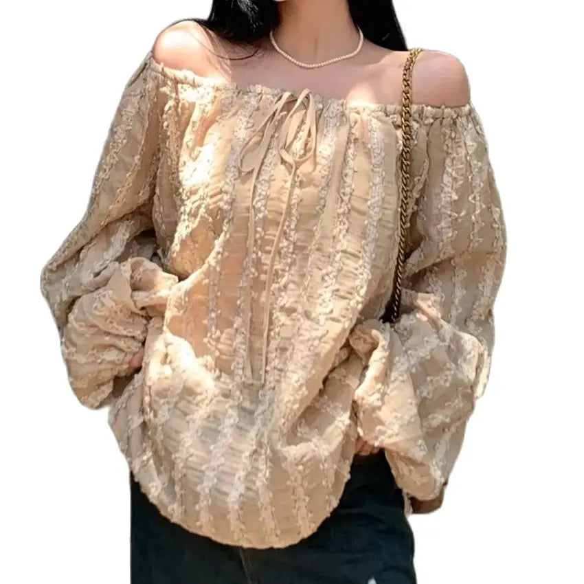 Aiertu  -  Fashion Lantern Sleeve Blouses Women Summer Casual Chic 2026 Loose Vintage Mujer Slash Neck Vacation Off Shoulder Beach Aiertu