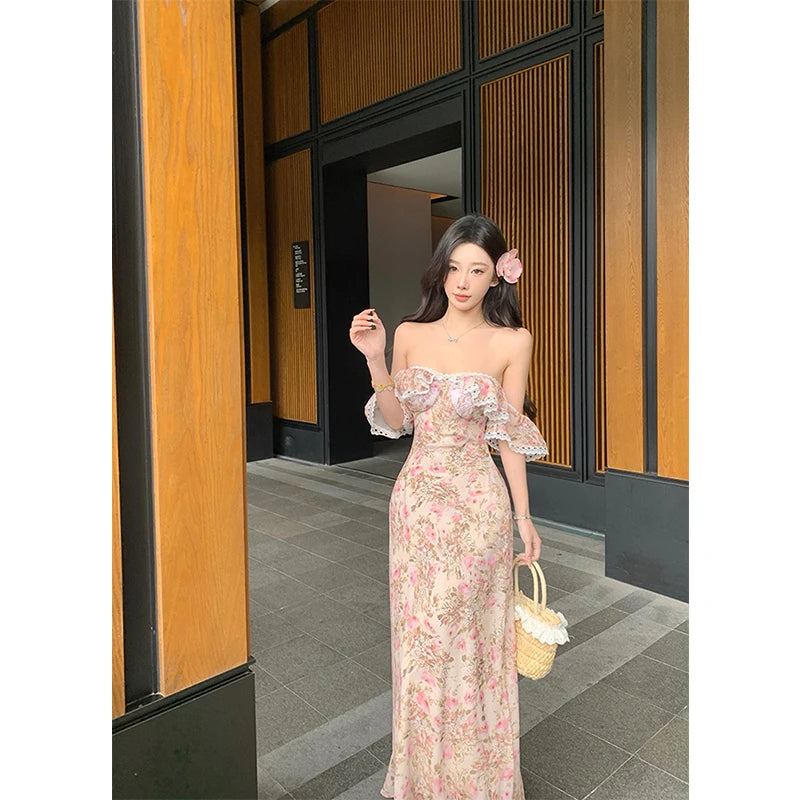 Aiertu  -  Vintage Floral Long Dress Women Elegant Vacation Sexy Slash Neck Maxi Dresses Summer Fairy Korean Beach Bodycon Vestidos Aiertu