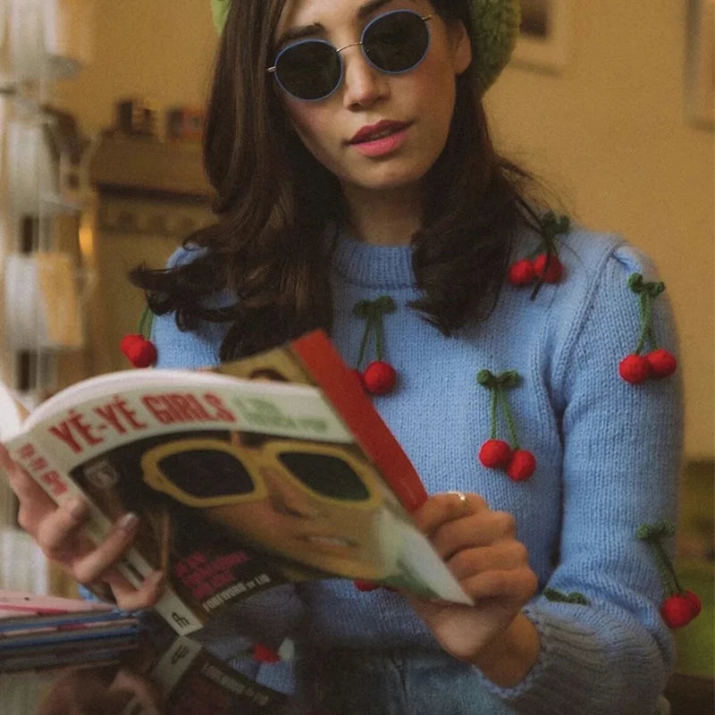 Aiertu  -  hand-made cherry sweater women vintage crochet blue pullovers autumn winter streetwear casual oversized sweater 2026 Aiertu