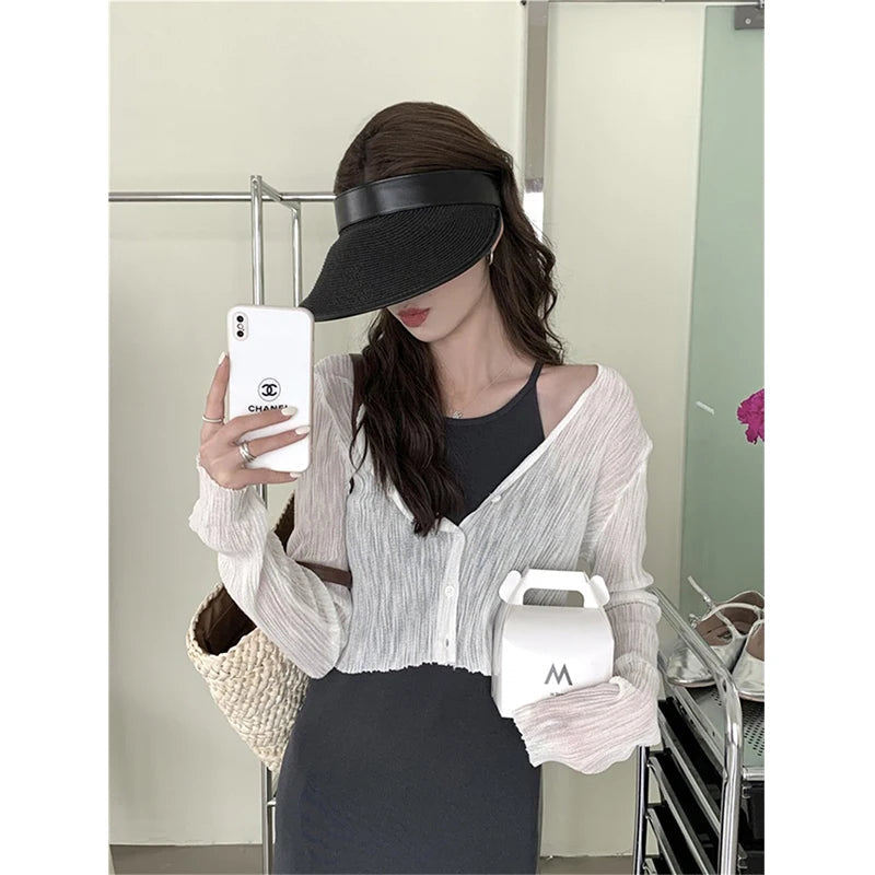Aiertu Women Cropped Sun Proof Shirts White V Neck Long Sleeve Blouses Summer Korean Fashion Black Sun Protection Cardigan Tops Aiertu