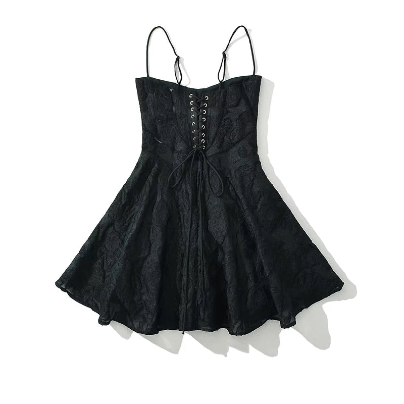 Aiertu  -  Vintage Jacquard Sling Sexy Dress For Women Thin Straps O Neck Low Waist A-line Mini Dresses Female Lace Up Back Summer Robe Aiertu